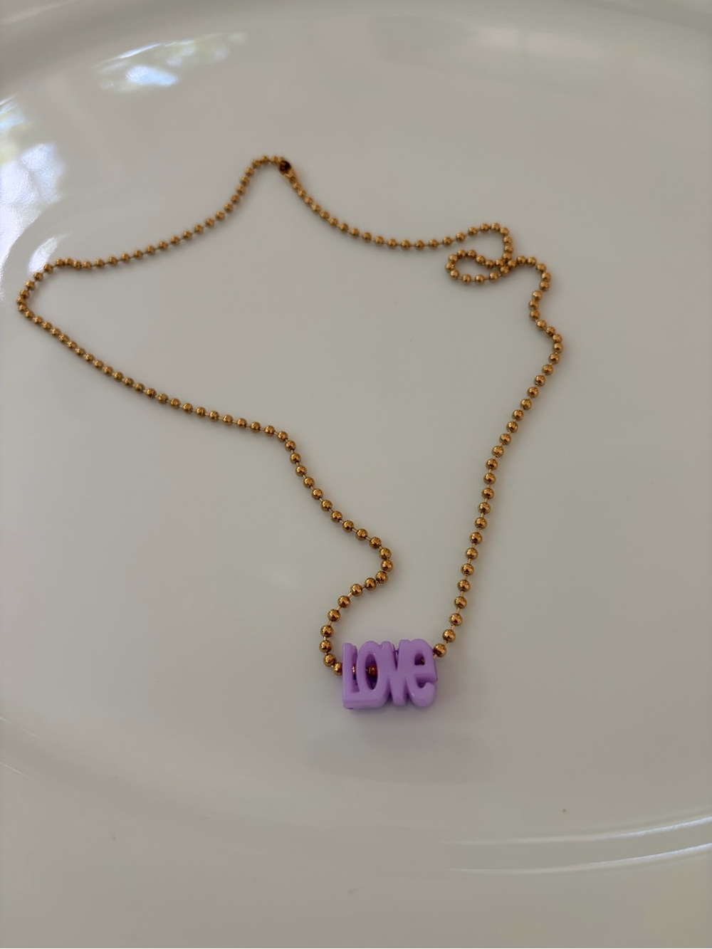 LileeLoo Gold Ball Chain Necklace with Lavender LOVE Pendant
